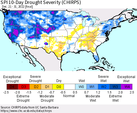 United States SPI 10-Day Drought Severity (CHIRPS) Thematic Map For 12/21/2022 - 12/31/2022
