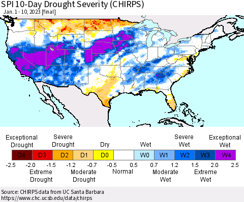 United States SPI 10-Day Drought Severity (CHIRPS) Thematic Map For 1/1/2023 - 1/10/2023