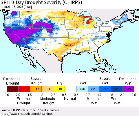 United States SPI 10-Day Drought Severity (CHIRPS) Thematic Map For 1/6/2023 - 1/15/2023