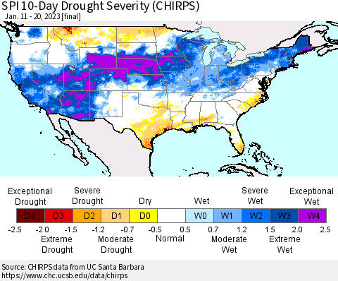 United States SPI 10-Day Drought Severity (CHIRPS) Thematic Map For 1/11/2023 - 1/20/2023