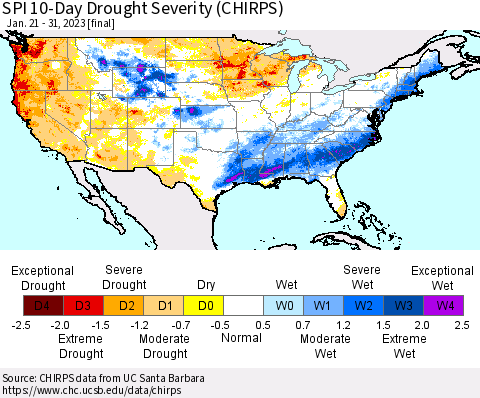United States SPI 10-Day Drought Severity (CHIRPS) Thematic Map For 1/21/2023 - 1/31/2023