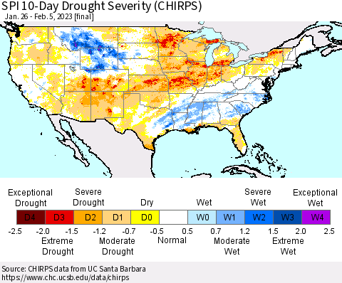 United States SPI 10-Day Drought Severity (CHIRPS) Thematic Map For 1/26/2023 - 2/5/2023