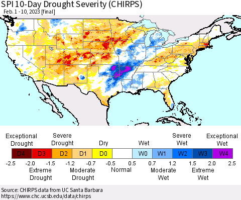 United States SPI 10-Day Drought Severity (CHIRPS) Thematic Map For 2/1/2023 - 2/10/2023