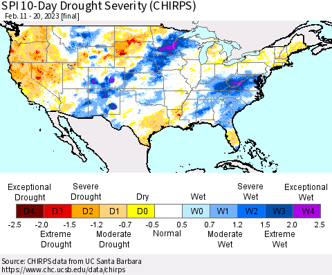 United States SPI 10-Day Drought Severity (CHIRPS) Thematic Map For 2/11/2023 - 2/20/2023