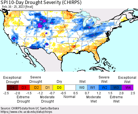 United States SPI 10-Day Drought Severity (CHIRPS) Thematic Map For 2/16/2023 - 2/25/2023