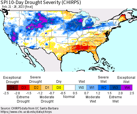 United States SPI 10-Day Drought Severity (CHIRPS) Thematic Map For 2/21/2023 - 2/28/2023