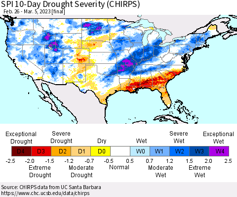 United States SPI 10-Day Drought Severity (CHIRPS) Thematic Map For 2/26/2023 - 3/5/2023