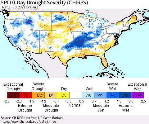 United States SPI 10-Day Drought Severity (CHIRPS) Thematic Map For 3/1/2023 - 3/10/2023