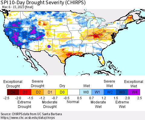 United States SPI 10-Day Drought Severity (CHIRPS) Thematic Map For 3/6/2023 - 3/15/2023