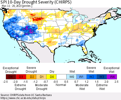 United States SPI 10-Day Drought Severity (CHIRPS) Thematic Map For 3/11/2023 - 3/20/2023