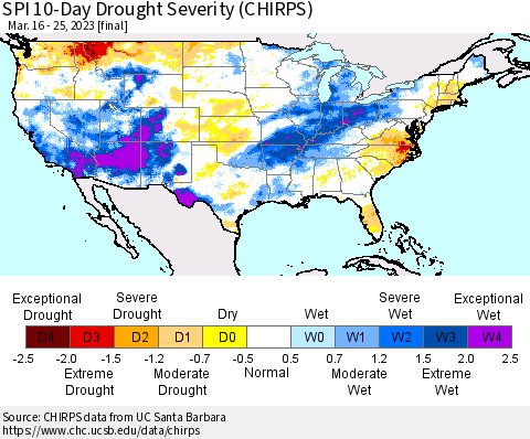 United States SPI 10-Day Drought Severity (CHIRPS) Thematic Map For 3/16/2023 - 3/25/2023