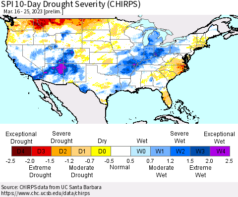 United States SPI 10-Day Drought Severity (CHIRPS) Thematic Map For 3/16/2023 - 3/25/2023