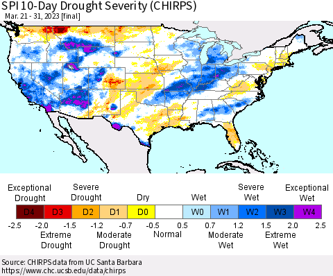 United States SPI 10-Day Drought Severity (CHIRPS) Thematic Map For 3/21/2023 - 3/31/2023