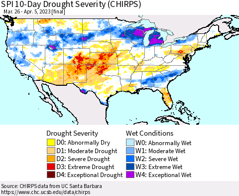 United States SPI 10-Day Drought Severity (CHIRPS) Thematic Map For 3/26/2023 - 4/5/2023