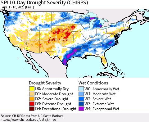 United States SPI 10-Day Drought Severity (CHIRPS) Thematic Map For 4/1/2023 - 4/10/2023