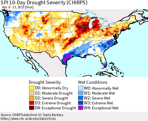 United States SPI 10-Day Drought Severity (CHIRPS) Thematic Map For 4/6/2023 - 4/15/2023