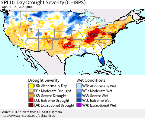 United States SPI 10-Day Drought Severity (CHIRPS) Thematic Map For 4/11/2023 - 4/20/2023