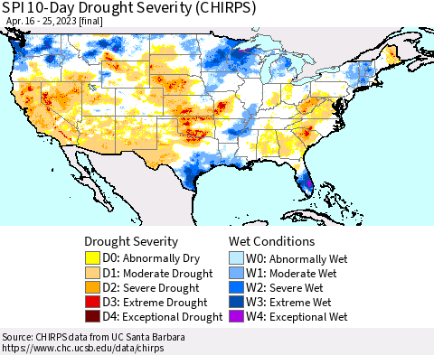 United States SPI 10-Day Drought Severity (CHIRPS) Thematic Map For 4/16/2023 - 4/25/2023