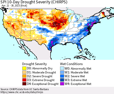 United States SPI 10-Day Drought Severity (CHIRPS) Thematic Map For 4/21/2023 - 4/30/2023