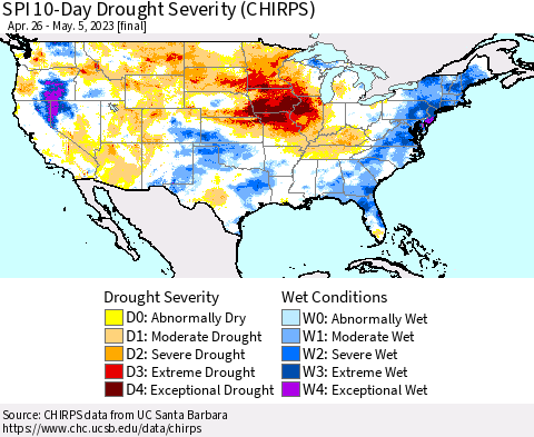 United States SPI 10-Day Drought Severity (CHIRPS) Thematic Map For 4/26/2023 - 5/5/2023