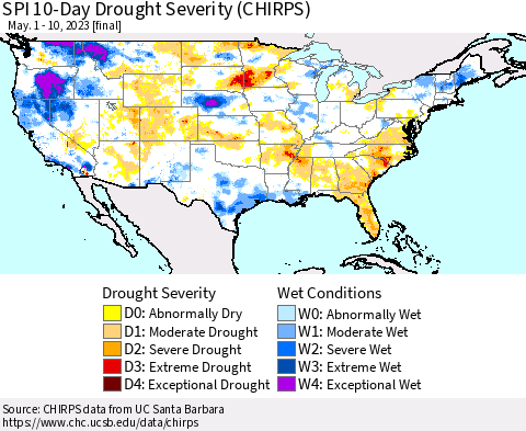 United States SPI 10-Day Drought Severity (CHIRPS) Thematic Map For 5/1/2023 - 5/10/2023