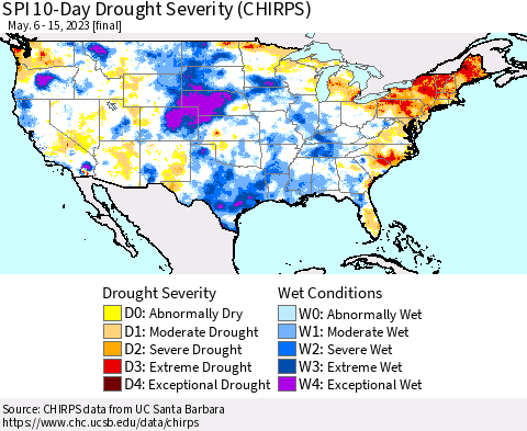 United States SPI 10-Day Drought Severity (CHIRPS) Thematic Map For 5/6/2023 - 5/15/2023