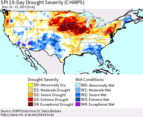 United States SPI 10-Day Drought Severity (CHIRPS) Thematic Map For 5/16/2023 - 5/25/2023