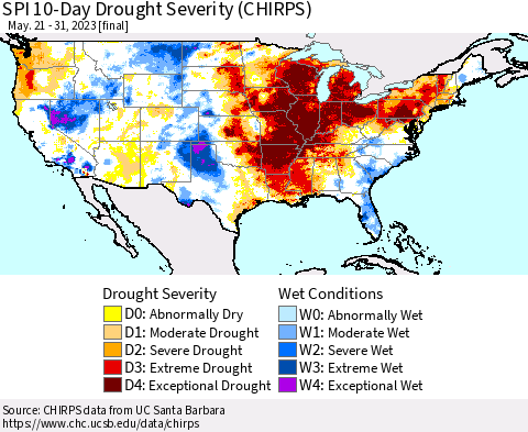 United States SPI 10-Day Drought Severity (CHIRPS) Thematic Map For 5/21/2023 - 5/31/2023