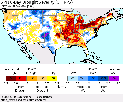 United States SPI 10-Day Drought Severity (CHIRPS) Thematic Map For 5/26/2023 - 6/5/2023