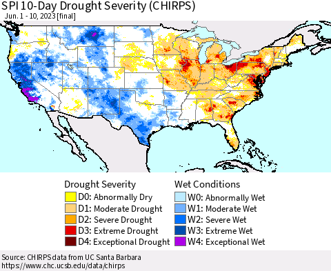United States SPI 10-Day Drought Severity (CHIRPS) Thematic Map For 6/1/2023 - 6/10/2023