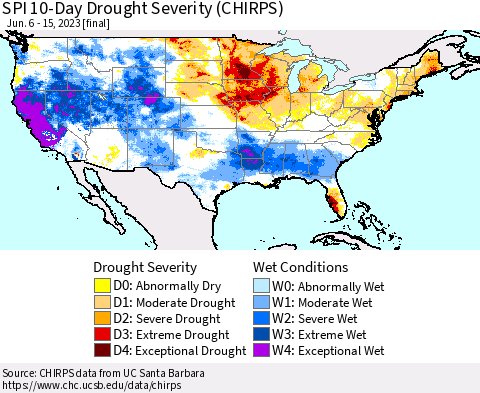 United States SPI 10-Day Drought Severity (CHIRPS) Thematic Map For 6/6/2023 - 6/15/2023