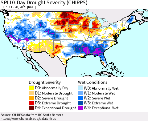 United States SPI 10-Day Drought Severity (CHIRPS) Thematic Map For 6/11/2023 - 6/20/2023