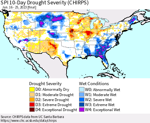 United States SPI 10-Day Drought Severity (CHIRPS) Thematic Map For 6/16/2023 - 6/25/2023