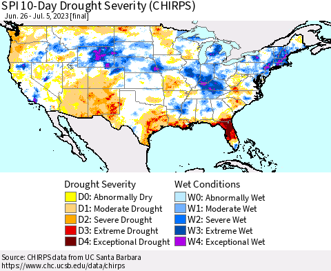 United States SPI 10-Day Drought Severity (CHIRPS) Thematic Map For 6/26/2023 - 7/5/2023