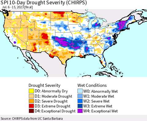 United States SPI 10-Day Drought Severity (CHIRPS) Thematic Map For 7/6/2023 - 7/15/2023