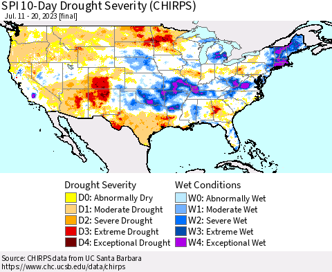 United States SPI 10-Day Drought Severity (CHIRPS) Thematic Map For 7/11/2023 - 7/20/2023