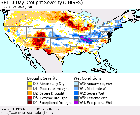 United States SPI 10-Day Drought Severity (CHIRPS) Thematic Map For 7/16/2023 - 7/25/2023