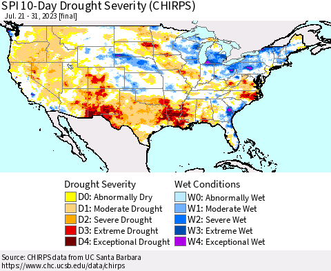 United States SPI 10-Day Drought Severity (CHIRPS) Thematic Map For 7/21/2023 - 7/31/2023