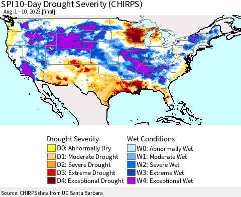 United States SPI 10-Day Drought Severity (CHIRPS) Thematic Map For 8/1/2023 - 8/10/2023