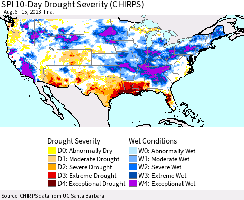 United States SPI 10-Day Drought Severity (CHIRPS) Thematic Map For 8/6/2023 - 8/15/2023