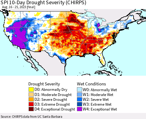 United States SPI 10-Day Drought Severity (CHIRPS) Thematic Map For 8/16/2023 - 8/25/2023