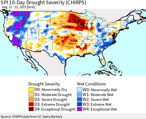 United States SPI 10-Day Drought Severity (CHIRPS) Thematic Map For 8/21/2023 - 8/31/2023