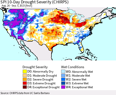 United States SPI 10-Day Drought Severity (CHIRPS) Thematic Map For 8/26/2023 - 9/5/2023