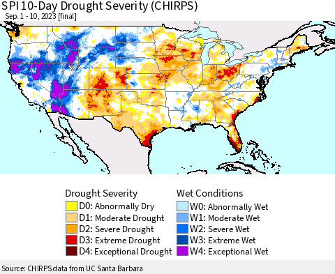 United States SPI 10-Day Drought Severity (CHIRPS) Thematic Map For 9/1/2023 - 9/10/2023