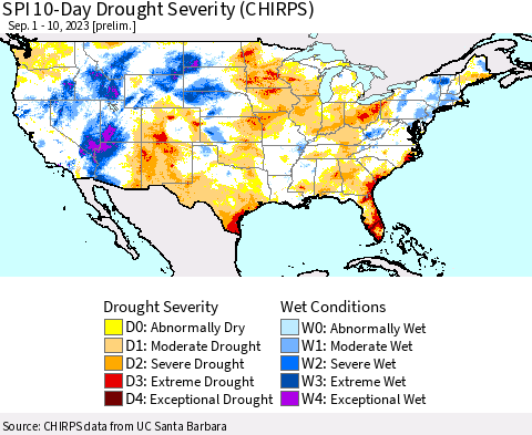 United States SPI 10-Day Drought Severity (CHIRPS) Thematic Map For 9/1/2023 - 9/10/2023