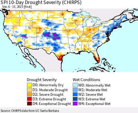 United States SPI 10-Day Drought Severity (CHIRPS) Thematic Map For 9/6/2023 - 9/15/2023