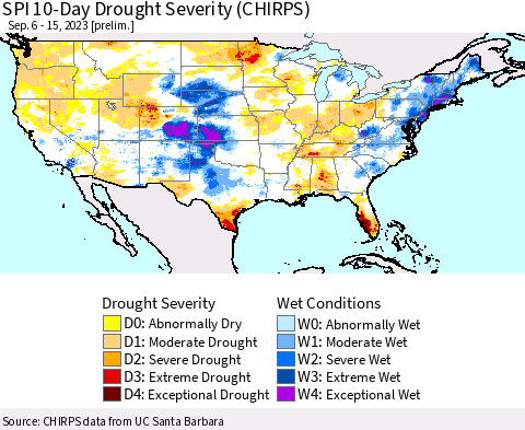 United States SPI 10-Day Drought Severity (CHIRPS) Thematic Map For 9/6/2023 - 9/15/2023