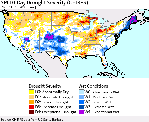 United States SPI 10-Day Drought Severity (CHIRPS) Thematic Map For 9/11/2023 - 9/20/2023