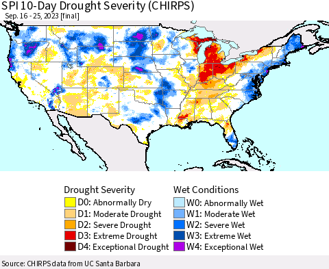 United States SPI 10-Day Drought Severity (CHIRPS) Thematic Map For 9/16/2023 - 9/25/2023