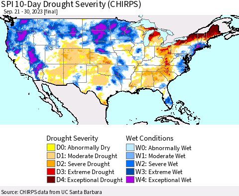 United States SPI 10-Day Drought Severity (CHIRPS) Thematic Map For 9/21/2023 - 9/30/2023